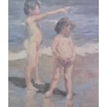 Dan McCaw (1942- ) American. "Children at the Beach", Oil on Panel, Signed, 12" x 10.5".