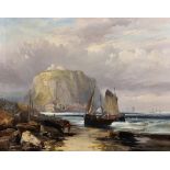 Robert Ernest Roe (1852-1921) British. Beached Fishing Vessels, in Mount's Bay, with St Michael's