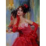 Konstantin Razumov (1974- ) Russian. "Young Lady in Red", dressed in Red seated at a Table, Oil on