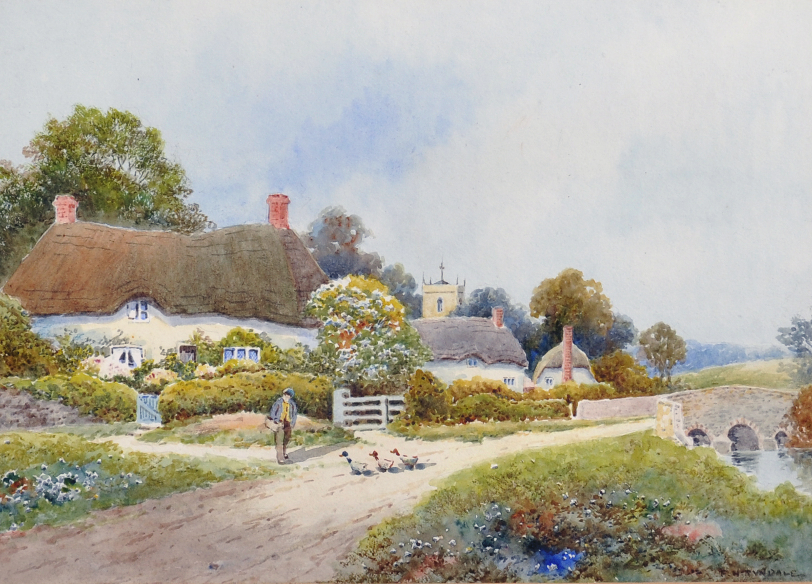 Thomas Nicholsons Tindale (fl.1900-1920) British. "Tilford", a Landscape with Cottages, with a