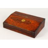 A VICTORIAN ROSEWOOD AND BRASS INLAID LAP DESK, with folding front, leather writing surface and