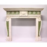 QA GEORGIAN CARVED WOOD AND PAINTED FIRE SURROUND with urn carving and roundels. 3ft wide x 6ft 3ins