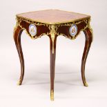 A FRENCH STYLE MARQUETRY AND ORMOLU SQUARE SHAPE OCCASIONAL TABLE, inset with porcelain plaques,