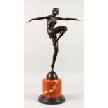 AFTER PHILIPP. An Art Deco style bronze of a dancer on a circular marble base. 22ins high.
