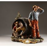 A VERY GOOD LARGE CAPODIMONTE PORCELAIN GROUP by LA BUZLA. An old man with two boys in a barrel.