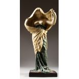 AN ART NOUVEAU STYLE PAINTED TERRACOTTA FIGURE OF A SEMI-CLAD LADY. 25ins high.