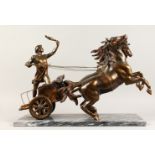 A LARGE 20TH CENTURY BRONZE GROUP OF A HORSE DRAWN CHARIOT AND RIDER, on a grey marble base. 24ins