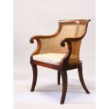 A 19TH CENTURY MAHOGANY BERGERE ARMCHAIR, with downswept arms, loose cushions, on sabre legs.