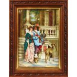 M. J. KNOWLES. A FRAMED AND GLAZED PORCELAIN PLAQUE. Gallant and Lady with a dog before steps.