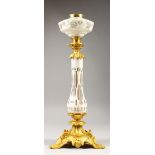 A GOOD 19TH CENTURY FRENCH ORMOLU AND WHITE OVERLAY OIL LAMP. 21ins high.