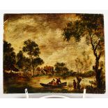 AN EARLY OIL PAINTING ON PANEL. River scene with boats and figures. 5ins x 6.5ins.
