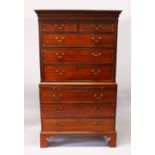 A GEORGE III MAHOGANY AND INLAID TALLBOY, with dentil cornice, two short and three long drawers