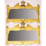 A GOOD PAIR OF 18TH CENTURY GILTWOOD OVERMANTLE MIRRORS, with Prince of Wales cresting, figural