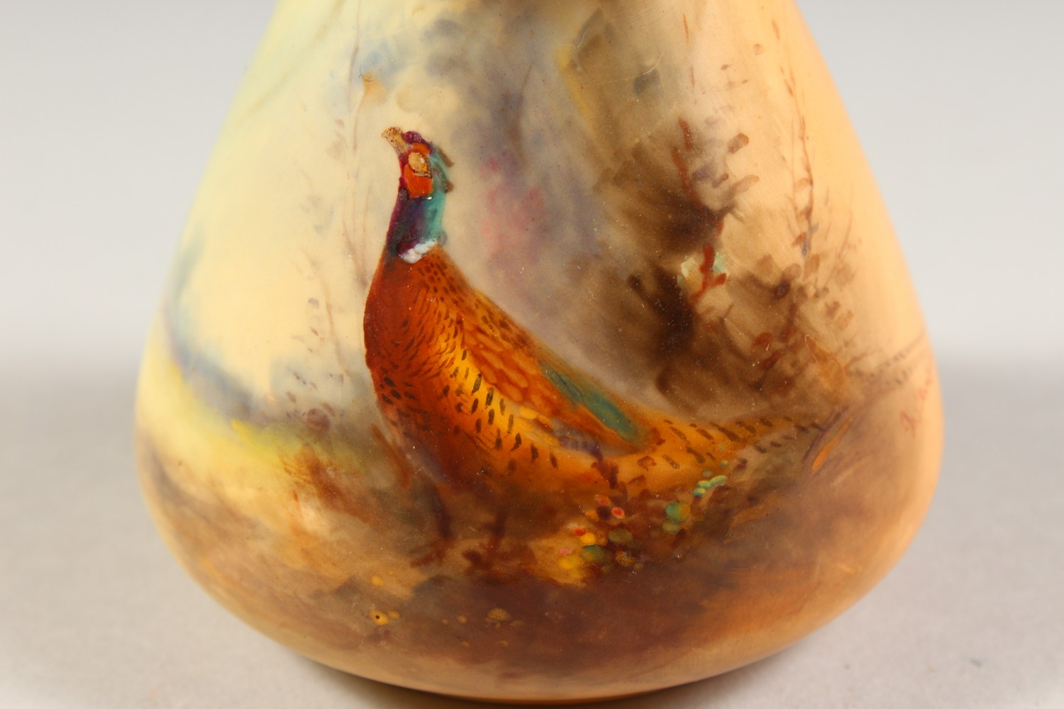 A ROYAL WORCESTER BLUSH IVORY SQUAT VASE, No. 957 painted with a cock pheasant, by Jas Stinton. 3ins - Image 2 of 7