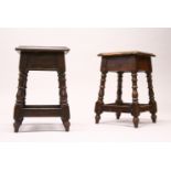 A GOOD PAIR OF OAK JOYNT STOOLS with square top, turned legs and uniting stretchers. 12ins high.