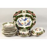 A MASON'S IRONSTONE PART DINNER SERVICE, with floral and gilt decorated green ground border,