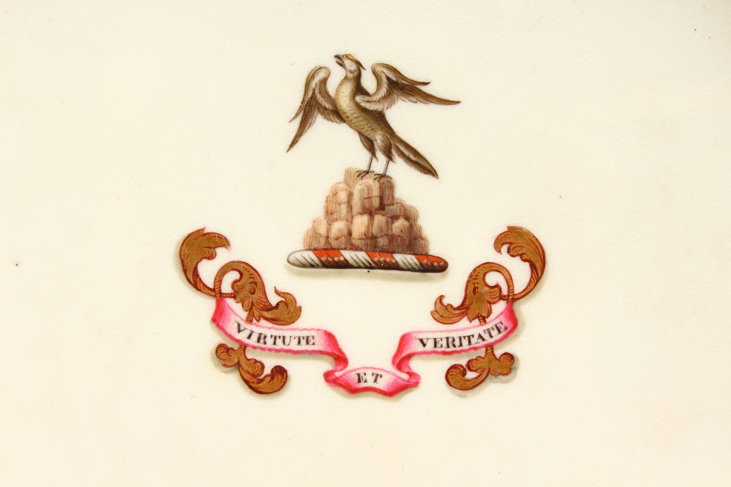 A 19TH CENTURY PORCELAIN ARMORIAL PLATE, with a crest and motto to the centre within a punk ground - Image 2 of 13