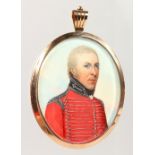 EARLY 19TH CENTURY ENGLISH SCHOOL, PORTRAIT OF AN ARMY OFFICER, wearing a red tunic. 2.5ins x 2ins.
