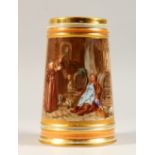 A GOOD 19TH CENTURY VIENNA TANKARD painted with a panel of monks with a keg of beer. 17cms high.