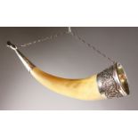 A CONTINENTAL SILVER MOUNTED HORN. 11ins long.