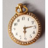 A SMALL 19TH CENTURY GOLD, ENAMEL AND SEED PEARL POCKET WATCH, with white enamel dial and Arabic