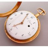 AN 18TH CENTURY GOLD VERGE REPEATER POCKET WATCH, with white enamel dial, Arabic numerals, si signed
