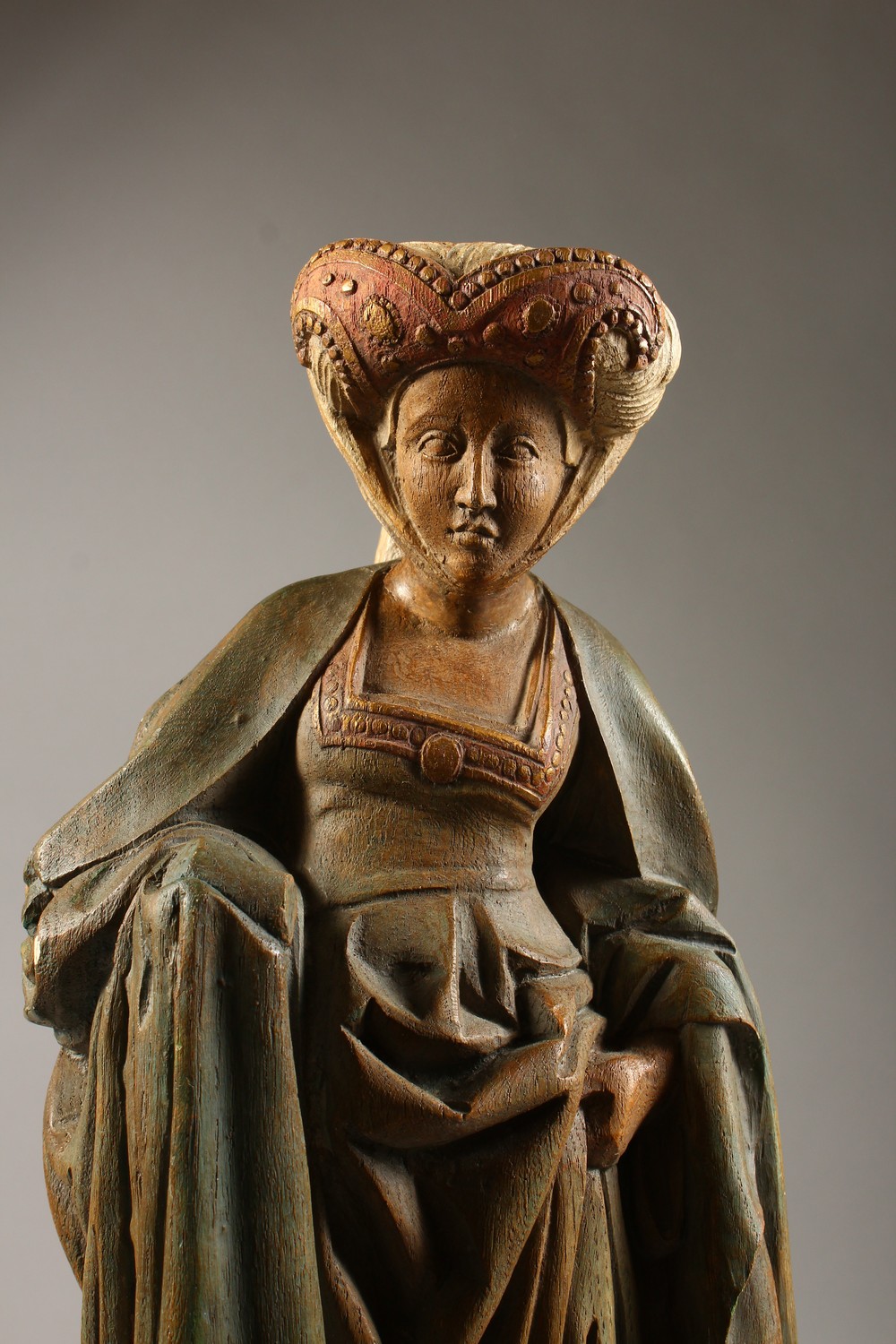 A PAINTED TERRACOTTA MODEL OF A MEDIEVAL LADY, 20th Century. 22ins high. - Image 2 of 8