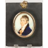 EARLY 19TH CENTURY ENGLISH SCHOOL, PORTRAIT OF COLONEL R. BALL, wearing a blue coat. 2.5ins x 2ins.