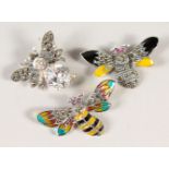 THREE SILVER AND ENAMEL BEE BROOCHES.