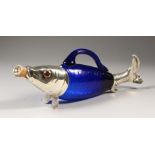A BLUE GLASS FISH SHAPE DECANTER, with plated mounts. 13ins long.