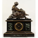 A LATE 19TH CENTURY FRENCH MARBLE MANTLE CLOCK, with eight day movement, striking on a bell, the