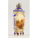 A GOOD CUT GLASS SCENT BOTTLE, painted with a landscape scene.