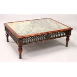 A LARGE 20TH CENTURY MAHOGANY, MARBLE AND WROUGHT IRON COFFEE TABLE on turned legs. 4ft 6ins long