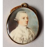19TH CENTURY ENGLISH SCHOOL, PORTRAIT OF A GENTLEMAN, wearing a white coat. 1.5ins x 1.25ins.