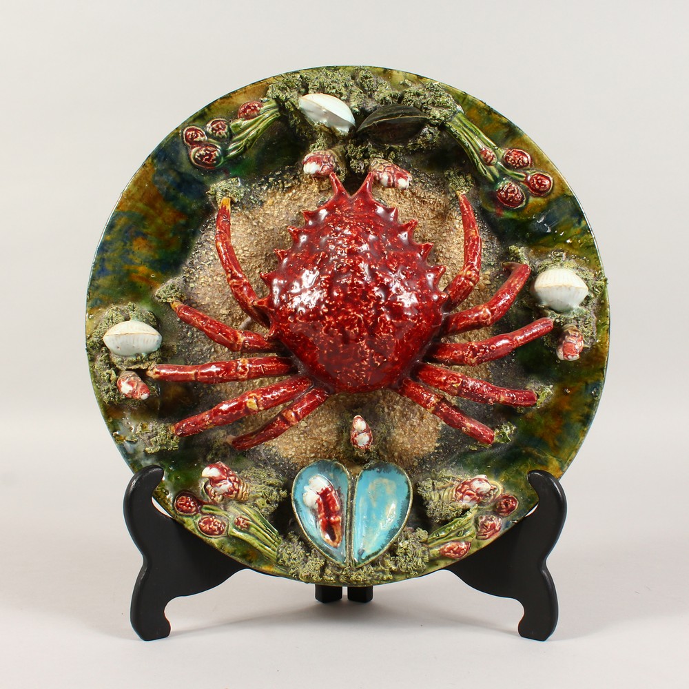 A FRENCH PALISSY TYPE CRAB DISH. 12ins diameter.