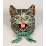 A VIENNA STYLE COLD PAINTED BRONZE SNARLING CAT INKWELL. 4ins wide.