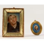 A SMALL FRAMED REVERSE PAINTING ON GLASS OF A MONK, and an oval frame. 5ins and 3ins.