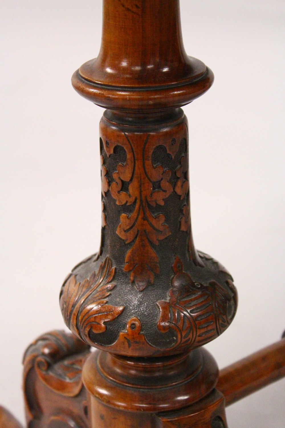 A GOOD VICTORIAN BURR WALNUT SHAPED TOP FOLDOVER CARD TABLE, with a pair of turned and carved column - Image 10 of 12