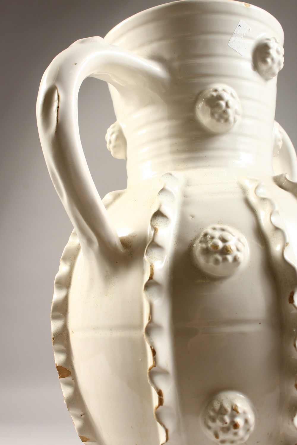 A 20TH CENTURY CONTINENTAL WHITE GLAZED TWIN HANDLED EARTHENWARE VASE, with ribbed decoration. 13ins - Image 5 of 10