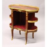 A FRENCH STYLE MARQUETRY AND ORMOLU KIDNEY SHAPE ETAGERE, with galleried shelves on cabriole