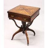A GOOD VICTORIAN ROSEWOOD AND MARQUESTRY INLAID ENVELOPE CARD TABLE, with a single frieze drawer
