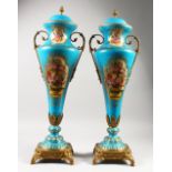 A PAIR OF SEVRES STYLE PORCELAIN AND ORMOLU TWIN HANDLED VASES AND COVERS, decorated with flowers.
