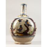 A LARGE CONTINENTAL POLYCHROME DECORATED TIN GLAZE FLASK, decorated with a Chinese figure and birds.
