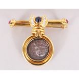 A VERY GOOD 18CT GOLD, DIAMOND AND SAPPHIRE BROOCH set with a GREEK COIN.