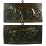 A. BENNES. A PAIR OF BRONZE PLAQUES IN THE MANNER OF BARYE, depicting a lion and lioness in
