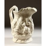 A 19TH CENTURY RELIEF MOULDED JUG, by Alcock & Co. depicting figures in a woodland campsite. 8ins