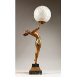 AN ART DECO SPELTER FIGURAL TABLE LAMP, modelled as a young lady holding a ball aloft. 1ft 11ins