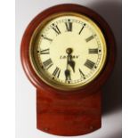 A MAHOGANY CASE WALL CLOCK, with a fusee movement and circular dial. 15ins high.