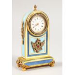 A VERY GOOD SMALL RUSSIAN SILVER GILT AND ENAMEL CLOCK, with pale blue and dark blue enamel