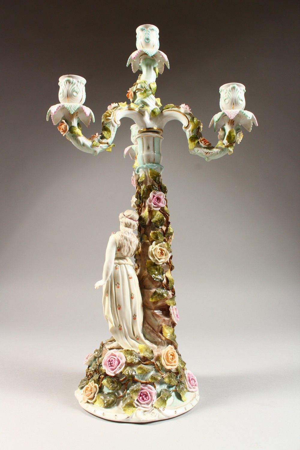 A SITZENDORF CANDELABRA, with three scrolling branches, the base with a young lady and cherub by a - Image 4 of 8